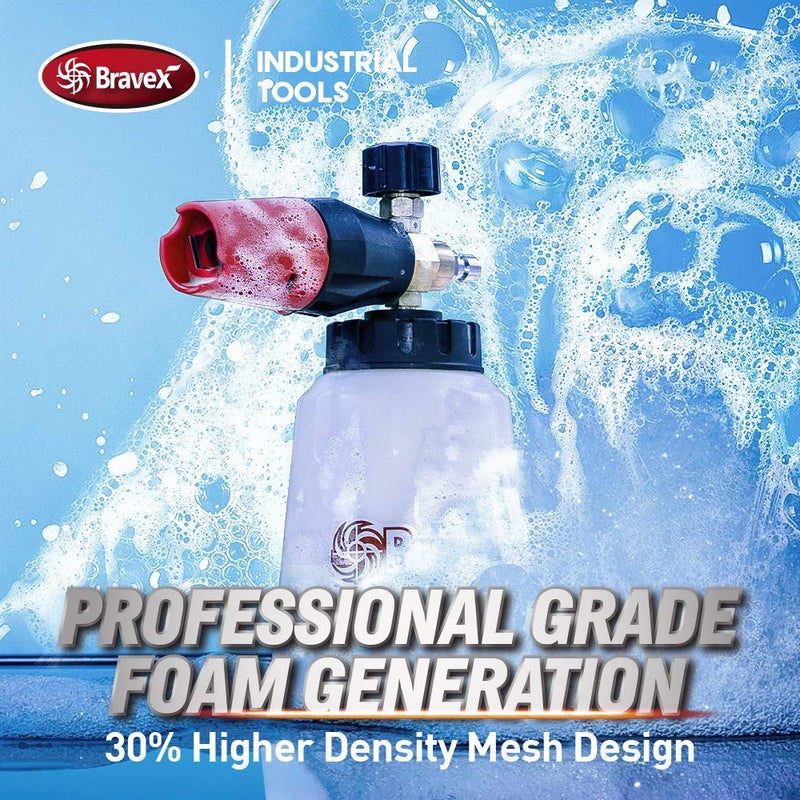 Bravex Foam Cannon - Heavy Duty Foam Wash Gun, Wide Neck Adjustable Car Foam Blaster for Pressure Washer with 1/4 Inch Connector, 5 Nozzles Included in The Kit(1 Liter, 1.1mm Metal Orifice) - Image 2